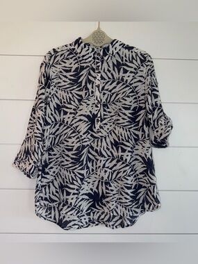 Columbia Summer Ease Popover Tunic L Navy Blue White Cotton Leaf Roll Tab Sleeve